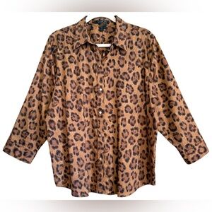 LAUREN RALPH LAUREN 100% Linen Animal Print Preppy Casual Button Down Blouse XL